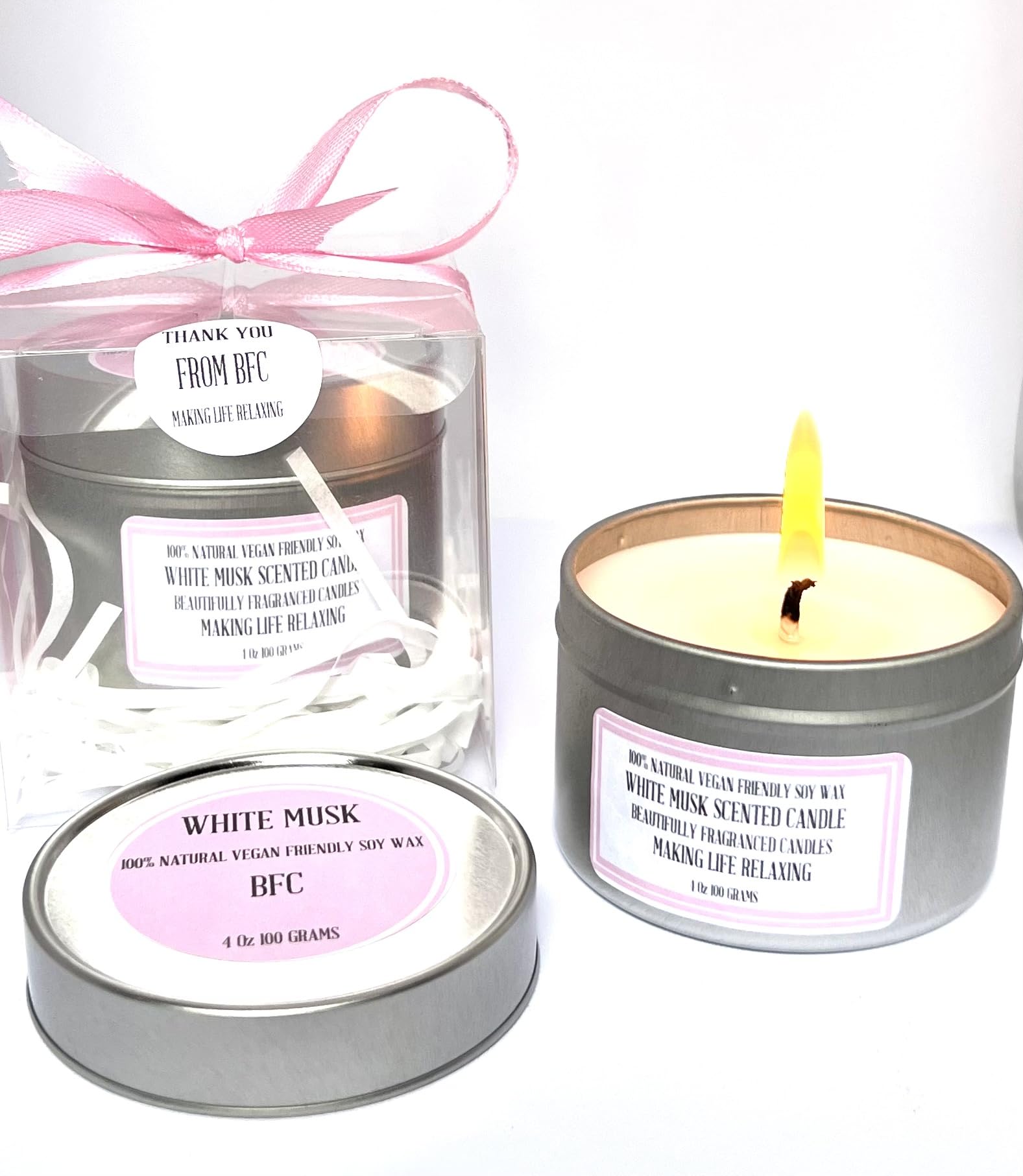 White Musk Scented Soy Wax Candle - Handmade BFC - White Musk Scented 28 Hours Burn Time 4 Oz 100 Grams Soy Wax Candle Silver Brush Finish Tin. Shipping on 48 Hour Tracked Service