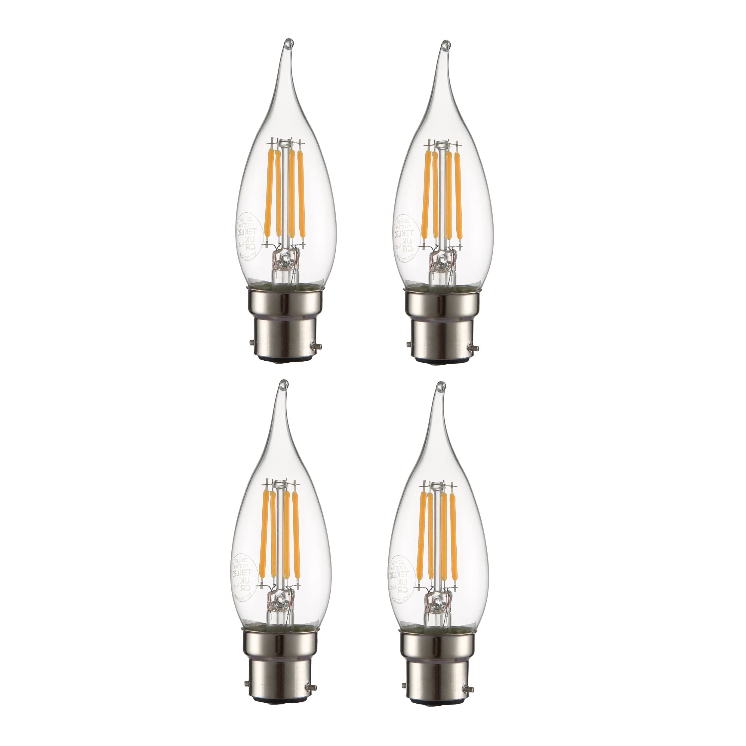 TEKLED® C35 Tail Filament Vintage LED Bulbs | Flame Tip B22 Bayonet Cap | Energy Saving 4W Light Bulb 40W Equivalent | DIMMABLE Clear 2700K 470LM | 4-Pack | Warm White