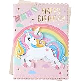 BIOBROWN Unicorn Birthday Cards for Girl - Cute Girls Birthday Card with Raised Rainbow Unicorn Design, Glitter Foil Greeting Cards for Kids Daughter Granddaughter Niece Friend