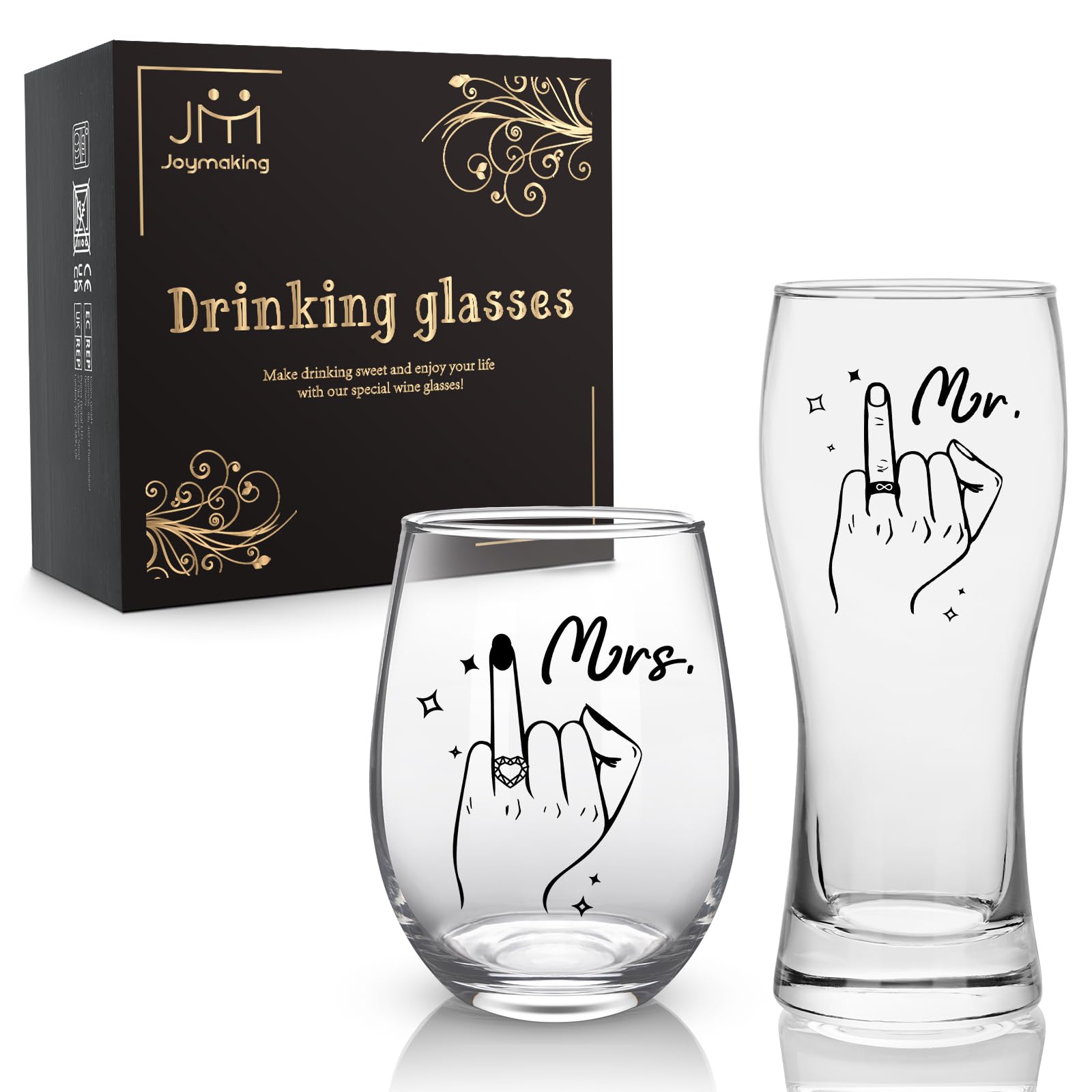 Joymaking Couple's Wine & Beer Glass Set, Wedding & Engagement Gift for Him & Her - 15oz Each