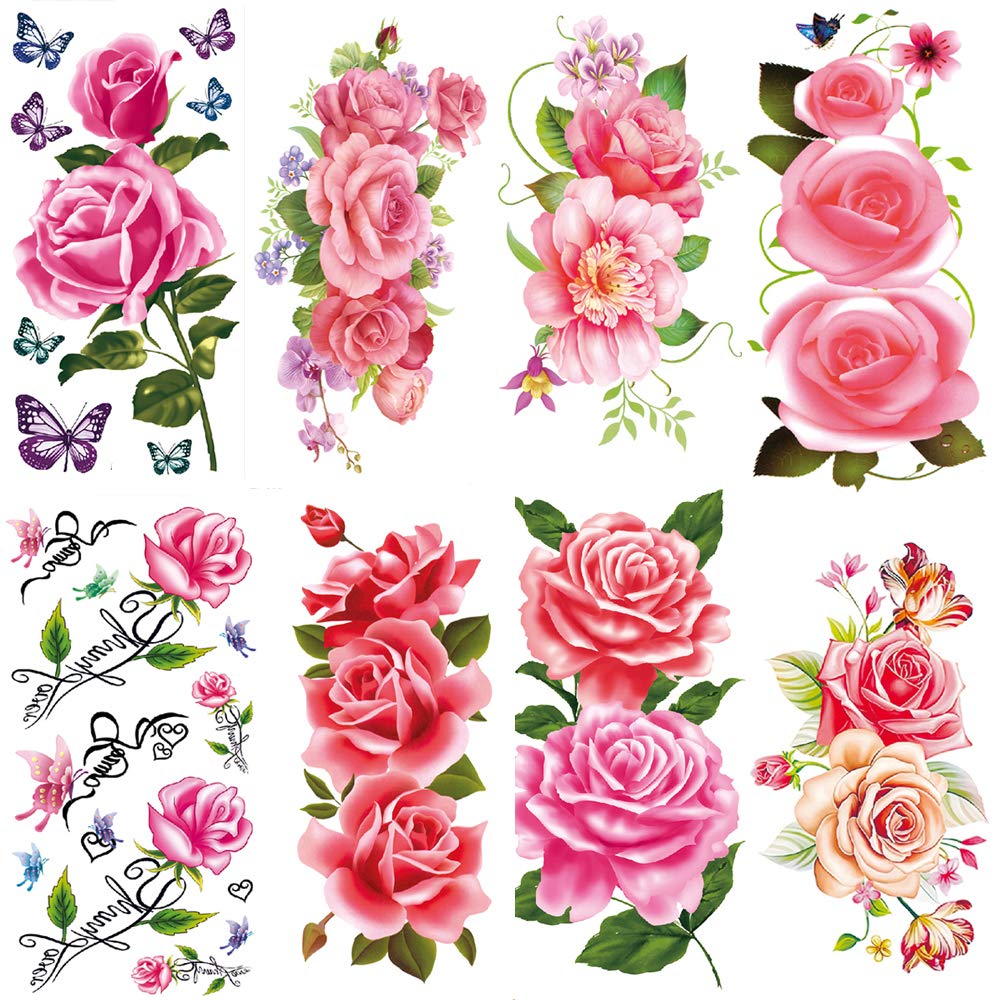 Pink Flowers Temporary Tattoos for women sexy 8 Pcs by Yesallwas LargeTattoo Sticker Fake Tattoos for kids girls teens,waterproof and Long Lasting sexy body tattoos -Rose, Peony Flower …