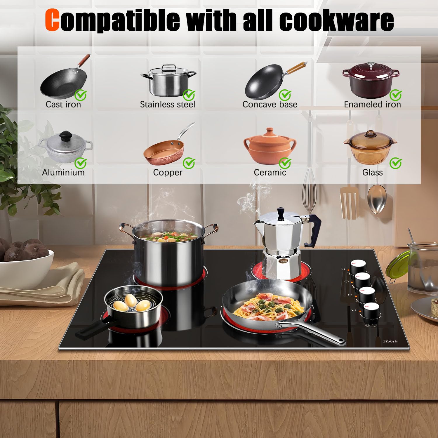 Electric Cooktop 30 Inch, Knob Control Built-in Radiant Electric Stove with 4 Burners, 30 in Electric Stove Top Burner, Cooktop with Glass Protection Metal Frame, 220-240v 6700W, Hard Wired(No Plug)