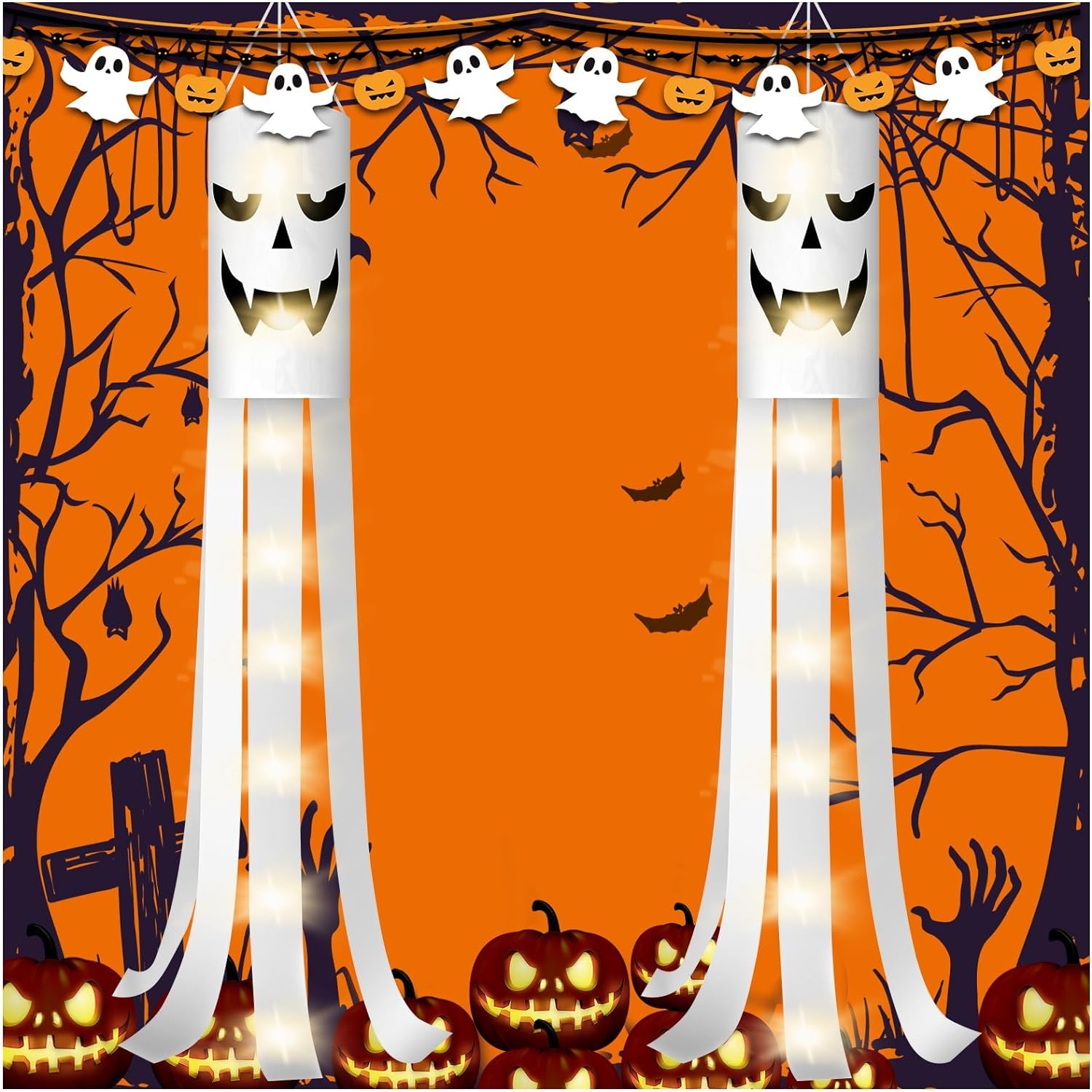 SHAVINGFUN Halloween Decorations-2 Pack 180CM/70.8 Inch Halloween Ghost Windsocks Flag with Lights,Halloween Outdoor Hanging Decor for Yard Patio Garden Pathway Party Halloween Decor