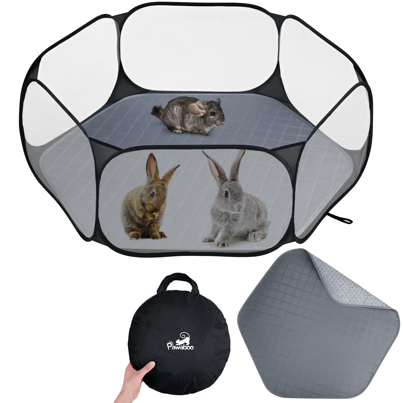 Photo 1 of Pawaboo Small Animals Playpen with Pad, Waterproof Small Pet Cage Tent with Reusable Pad, Portable Outdoor Yard Fence for Chick/Kitten/Puppy/Guinea Pig/Rabbits/Chinchillas, Black/Gray