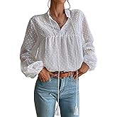 Womens Lantern Long Sleeve Shirt Polka Dot Lace V Neck Casual Blouses Loose Tie Front Drawstring Shirts