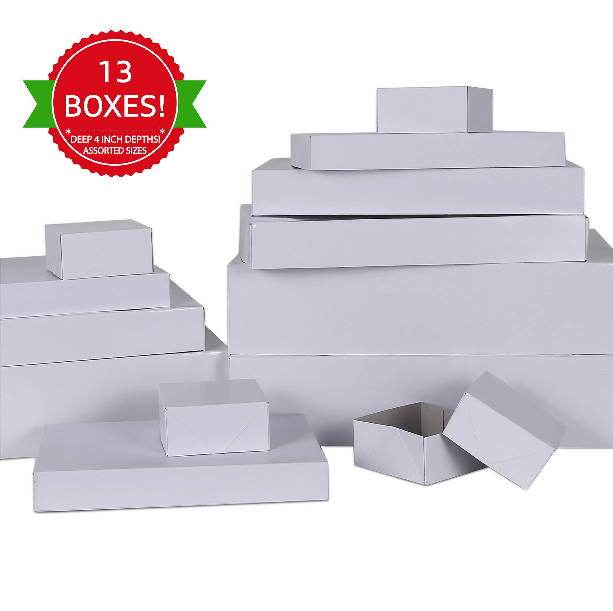 MOMONI Premium 13 Piece White Gift Boxes with Lids of Assorted Sizes with 4 inch Deep Robe Wrapping Boxes Set for Wrapping Christmas Gifts, Birthday, Holiday