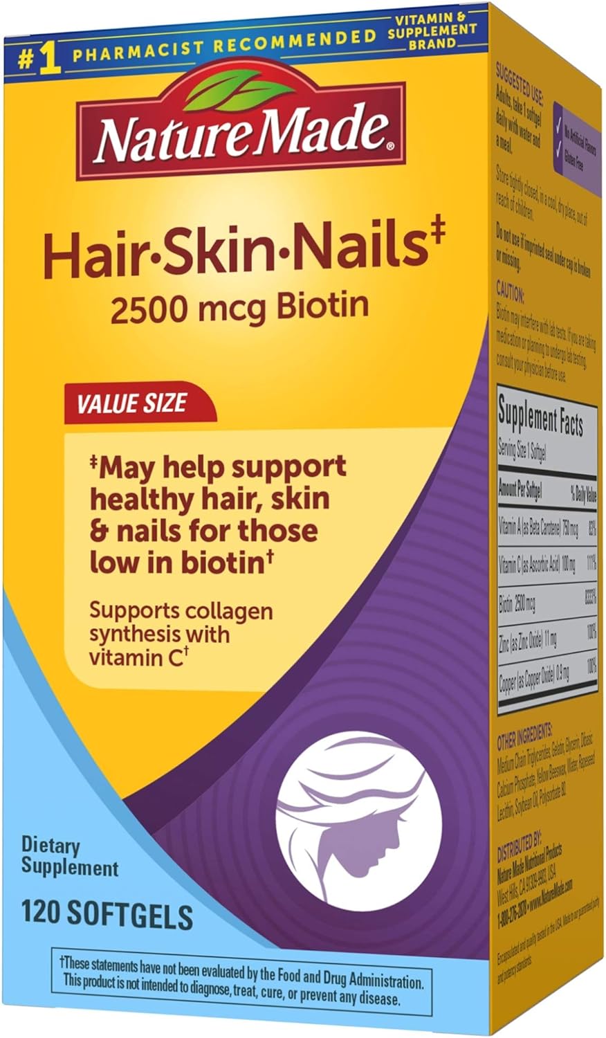 Nature Made Hair, Skin & Nails with 2500 mcg of Biotin Softgels, 120 Count Value Size (Packaging May Vary): Health & Personal Care