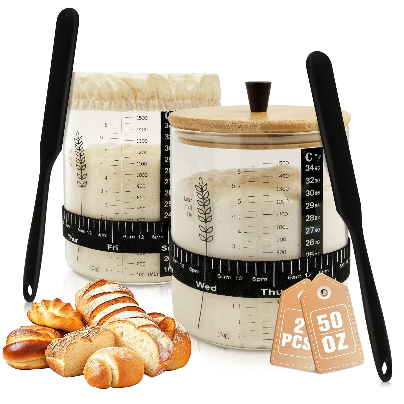 Photo 1 of Rakovar 50oz Sourdough Starter Jar Kit, Wide Mouth Sourdough Starter Container for Perfect Sour Dough Bread, Extra-Large Capacity Sourdough Jar, Sourdough Kit(2 Pack)