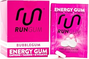 RUN GUM Bubblegum Energy Chewing Gum 50mg Caffeine Taurine & B-Vitamins Per Piece, 24 Pieces (Pack of 12) Sugar Free, Zero Calorie, No Aspartame, and Gluten Free