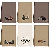 Geyoga 6 Pcs Christmas Cabin Hand Towels Bear Deer Wildlife Embroidered Brown Rustic Bathroom Towels for Xmas Bathroom Kitchen Farmhouse Decor Gifts, 13.8 x 23.6 Inch