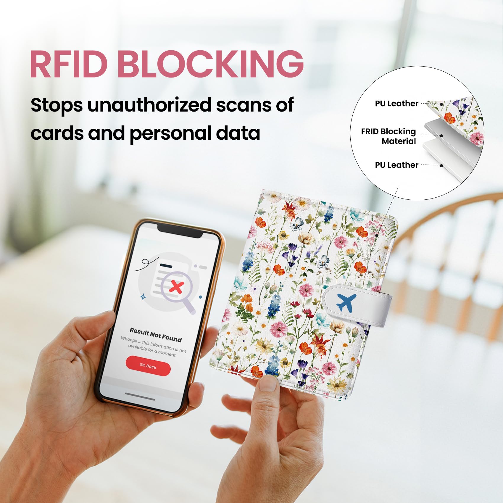 Passport Holder for Travel Essentials, RFID Blocking Leather Cover Wallet with Magnetic Closure, Aesthetic & Cute Passport Book Case for Women and Men - Wildflower