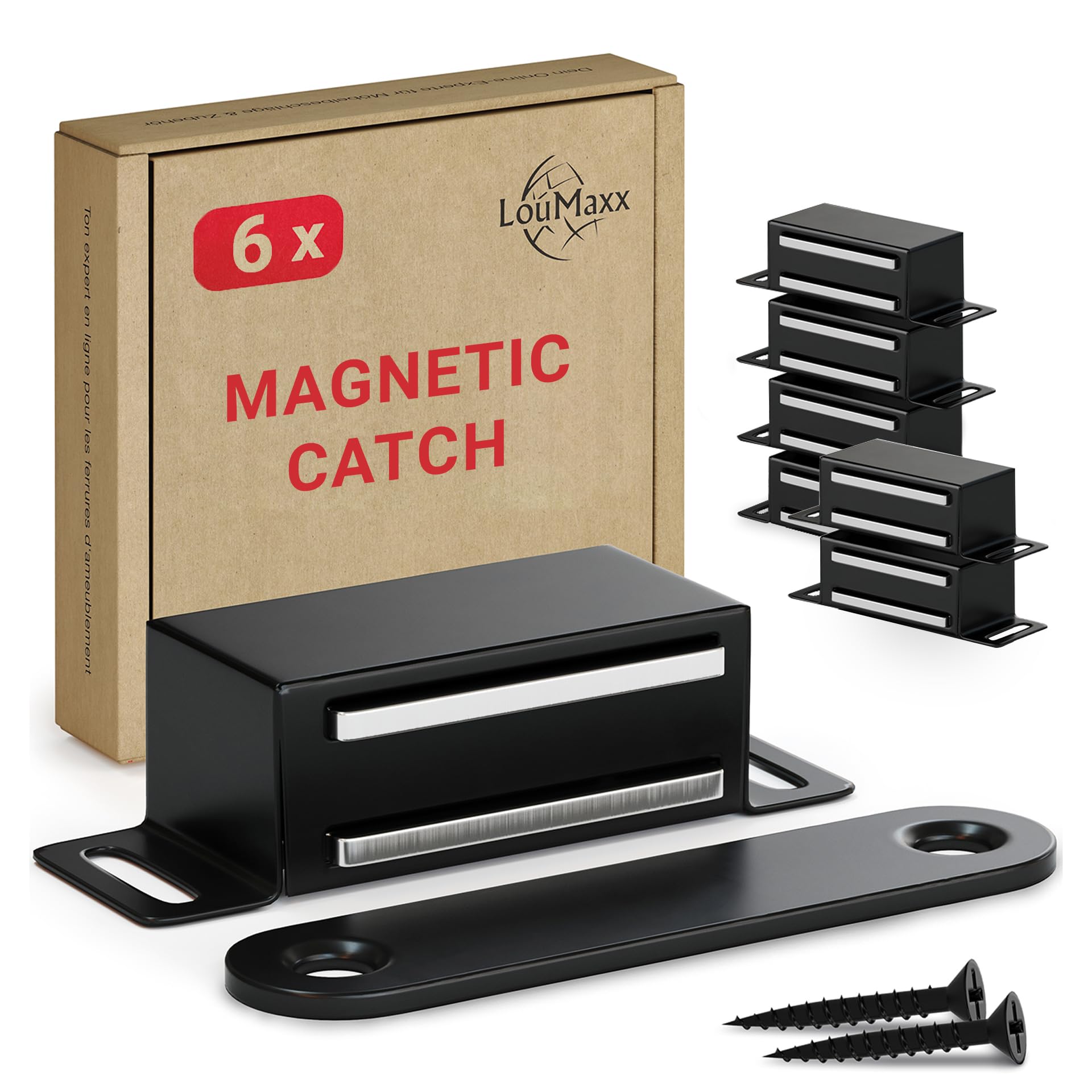 LouMaxx Magnetic Door Catch Strong - 6kg Holding Force - Set of 6 - Matte Black Stainless Steel - Cabinet Magnets - Door Magnet - Magnetic Cabinet Latch