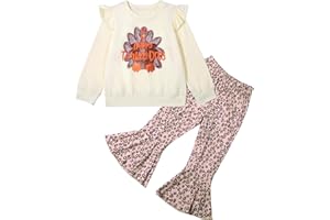 tagyum Toddler Baby Girl thanksgiving Outfit Turkey Long Sleeve Sweatshirt Leopard Flared Pants 2 Piece Clothes Set