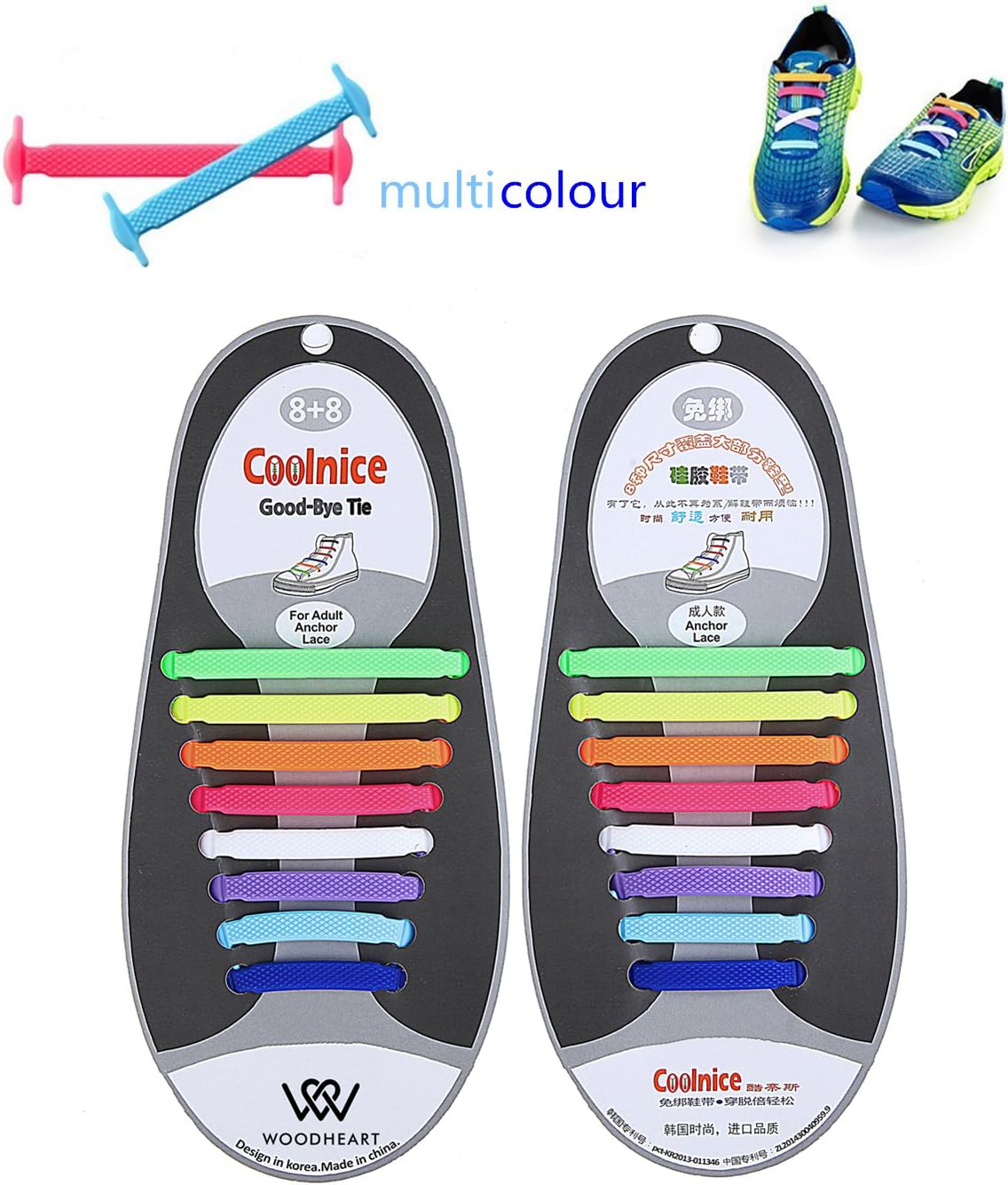 3 Pairs Lazy No Tie Silicone Shoelace for Adults, WOODHEART Rubber Tieless Elastic Slip Sneaker Shoelace Running Shoelace Athletic Shoe laces (1 pair Black + 1 pair White + 1 pair colorful)
