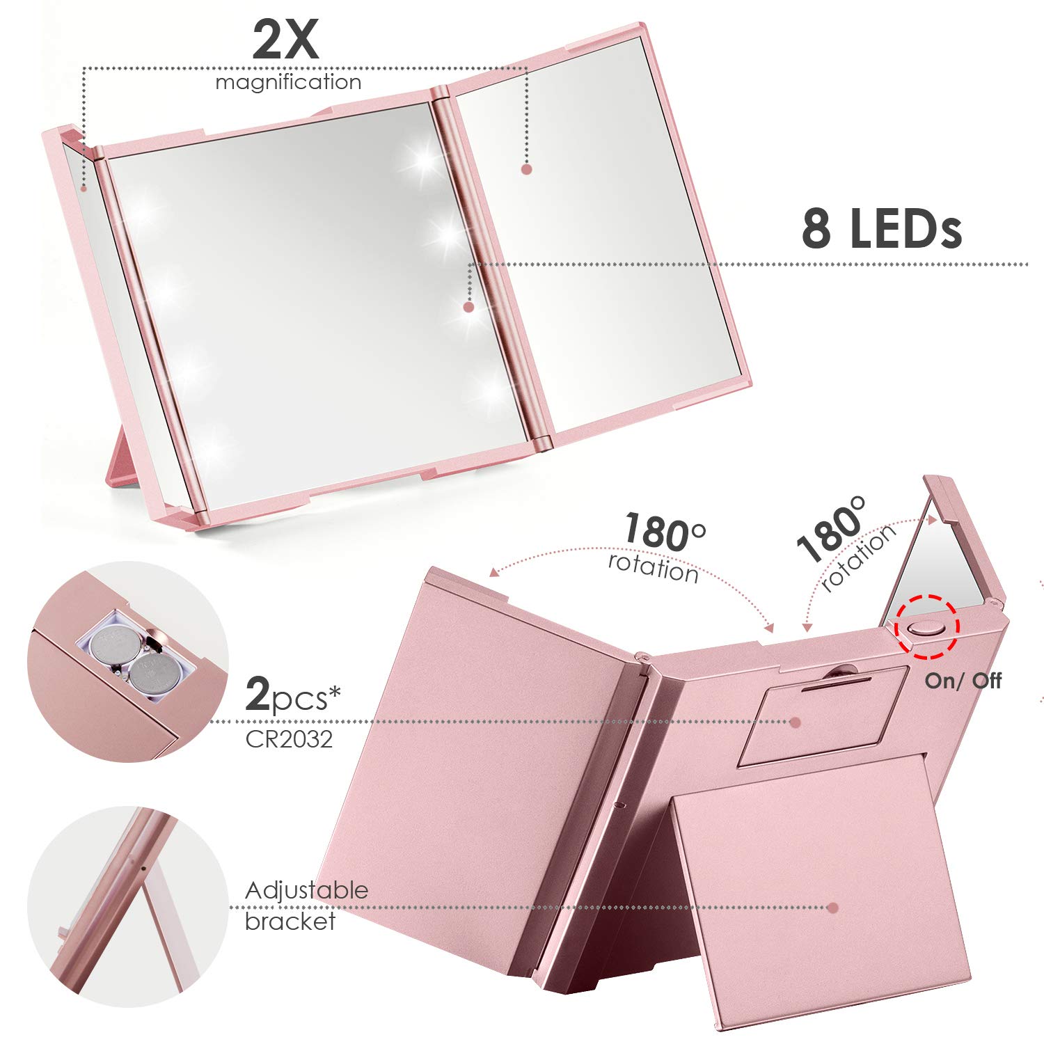 Quntis Tragbarer Kosmetikspiegel mit 8 LED Licht, 1-/ 2-Fach Vergrößerung, Beleuchteter Schminkspiegel Batteriebetrieb, Klappbarer Make UP Spiegel für Reise Tasche Unterwegs (Klein, Rosegold)