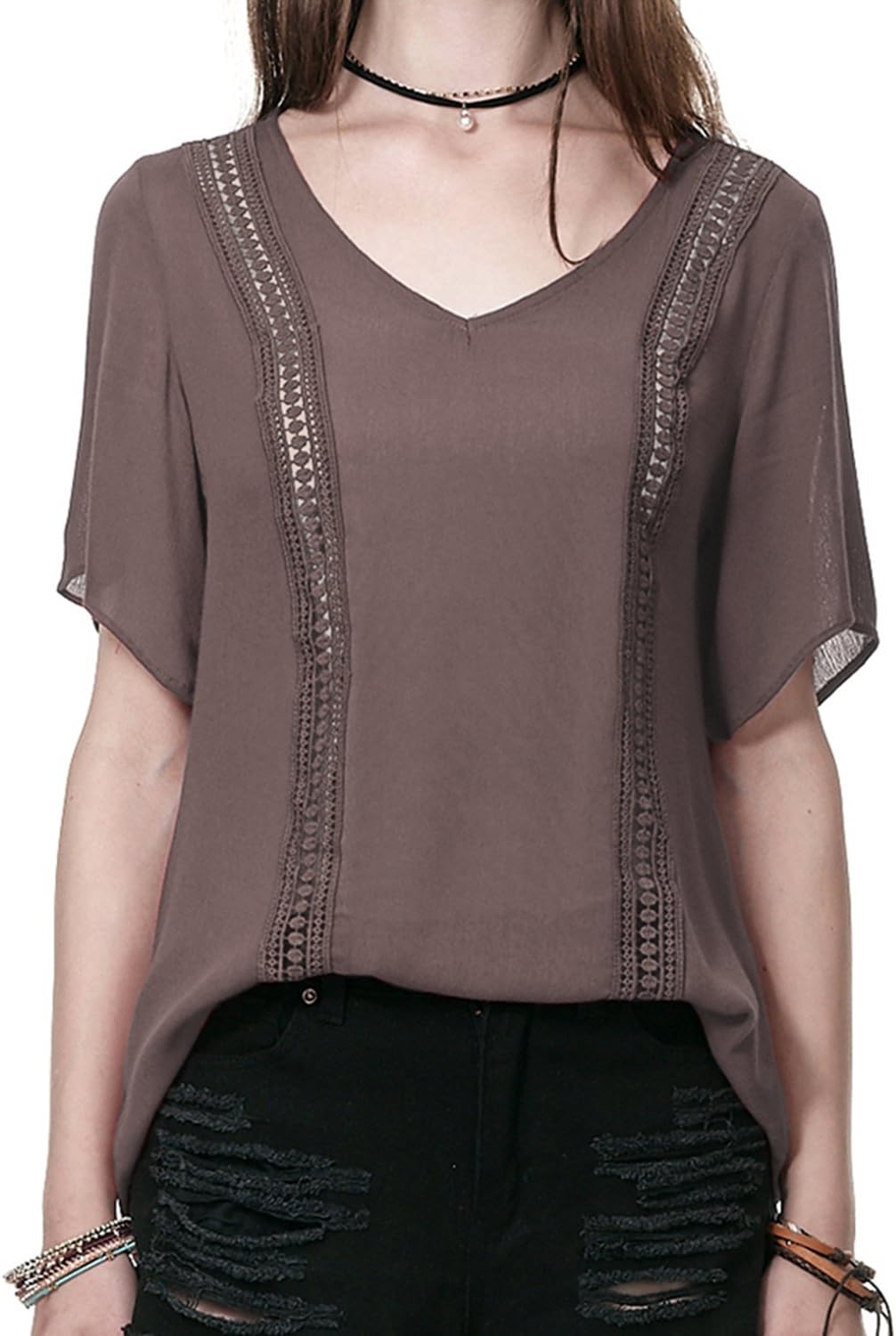 Regna X Boho Women's Shirring Detail Short Sleeve Chiffon Blouse Tops