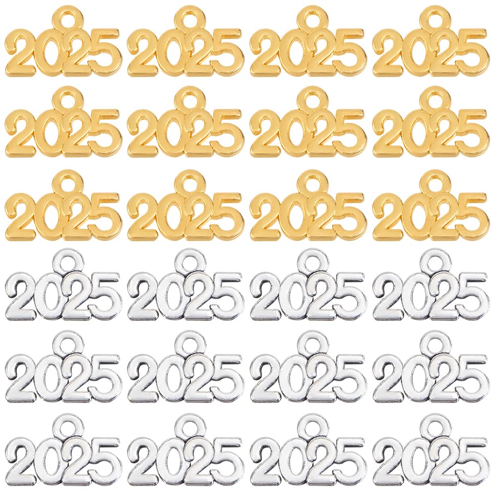 SOFPLATE 1 Box 100Pcs Gold Silver 2025 Charms Metal Alloy Years Number Alphabet Tassels Charm Bulk for Jewellery Making Accessories Graduation Caps New Year Bracelets Crafts Supplies