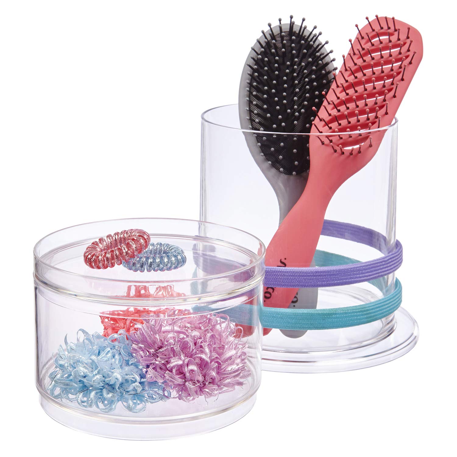 Stackable Clear Plastic Headband and Hairbrush Holder with Accessory