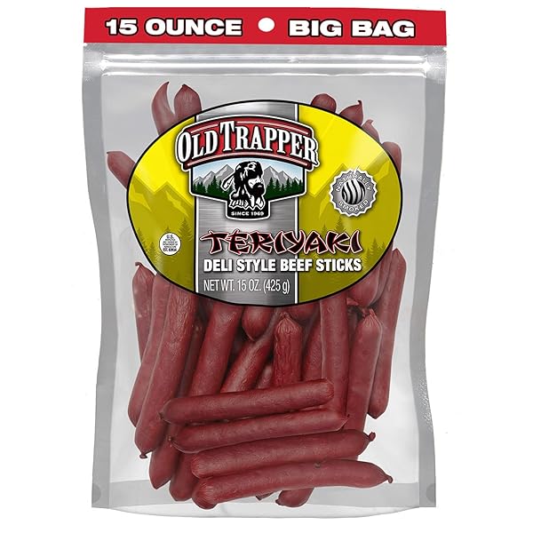 OLD TRAPPER DELI-STYLE BEEF STICKS, TERIYAKI FLAVOR, 15-OUNCE PACKAGE, GREAT FOR ON-THE-GO SNACKING, SIX GRAMS OF PROTEIN AND LESS THAN ONE GRAM OF SUGAR PER SERVING (PACK OF ONE)