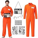 Deaboat Prisoner Jumpsuit Men Halloween Costume - 6-Piece Orange Prison Cosplay Outfit Unisex Adult Jail Uniform
