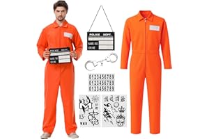 Deaboat Prisoner Jumpsuit Men Halloween Costume - 6-Piece Orange Prison Cosplay Outfit Unisex Adult Jail Uniform