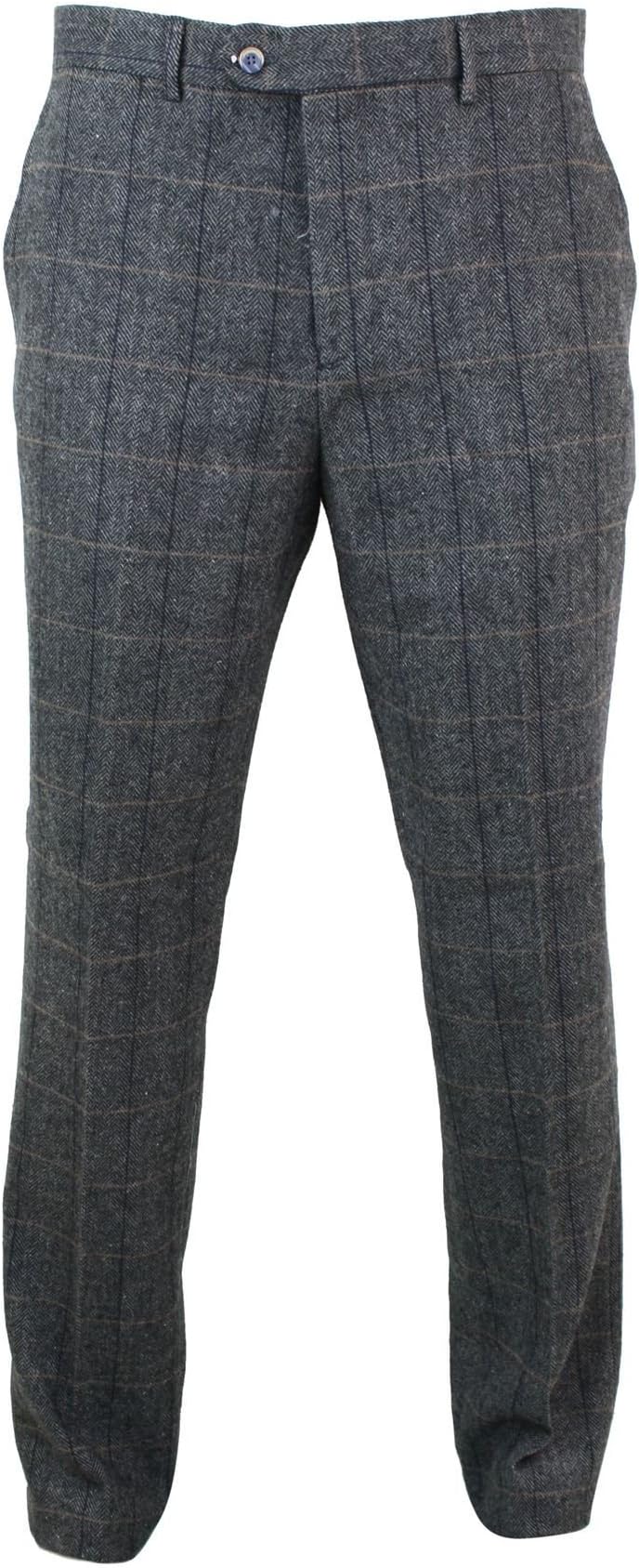 Mens Herringbone Tweed Vintage Retro Check Wool Trousers Peaky Blinders Classic Navy-Blue-macy 30