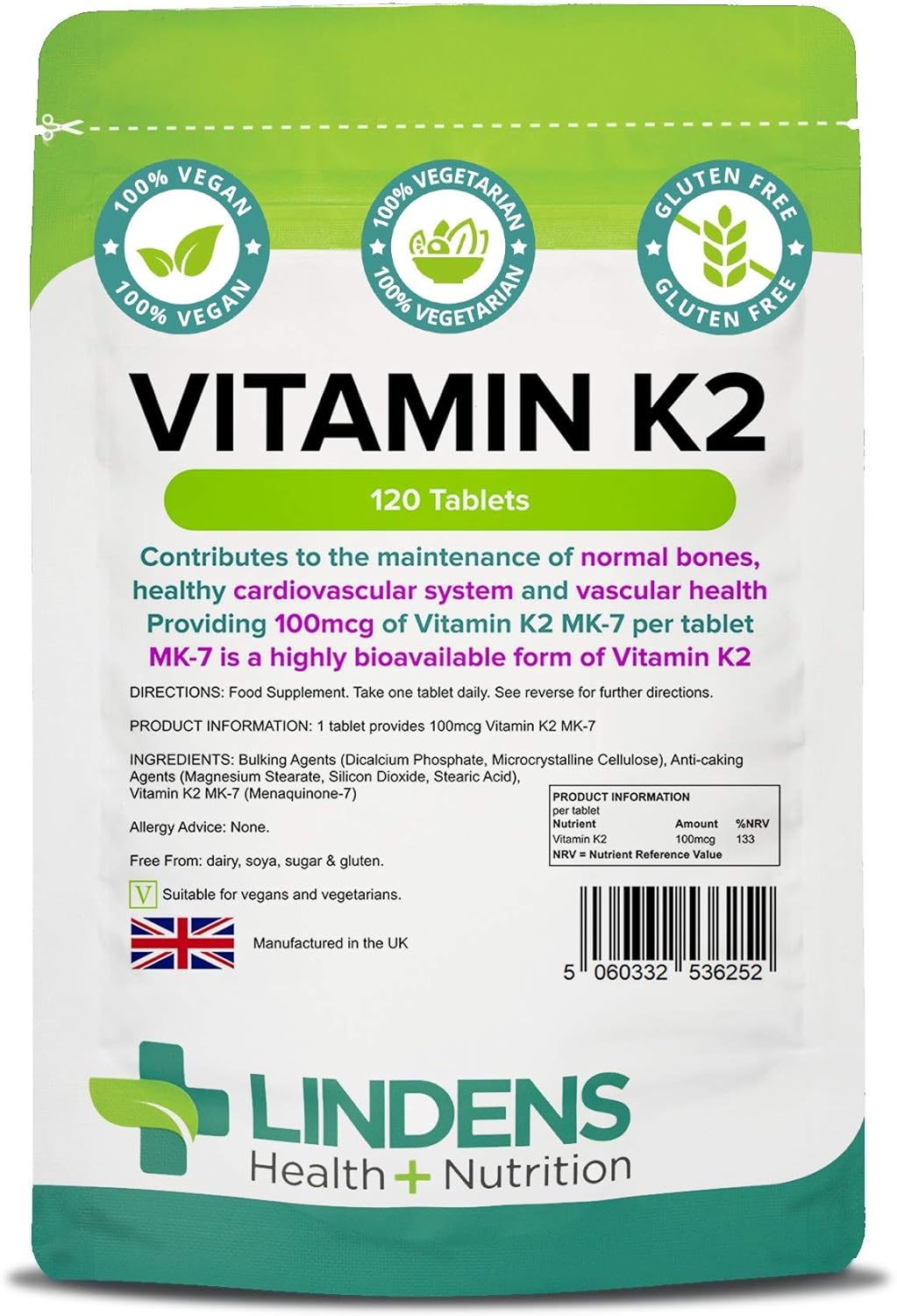 Lindens, Vitamin K2 200mcg, 120 Tablets, 1 a Day, UK Made, Highly Bioavailable, Bone, Vascular Health & Cardiovascular System