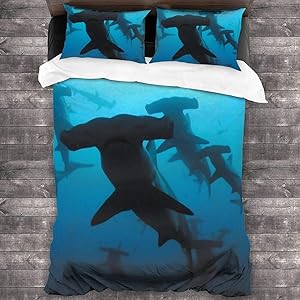 AUISS 3 Piece Bedding Set Hammerhead Sharks Quilt Cover Bedroom Comforters Zipper Closure Sheet Two Pillow Shams Comfy Bedspread Coverlet Home Decorative