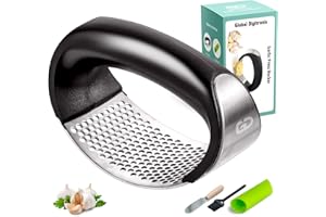 Global Digitronix Garlic Press Rocker Stainless Steel, Crusher, Mincer Tool with a Garlic Peeler, Spatula, and Brush Extract 