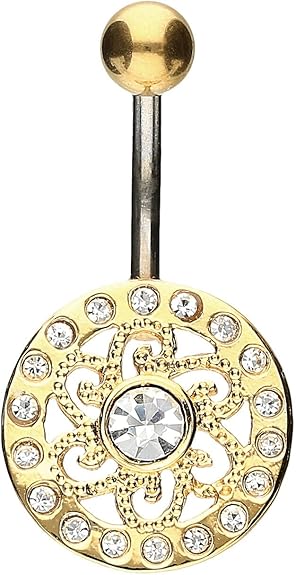 PIERCINGLINE Bauchnabelpiercing Titan Bananabell mit 925er Silber-Design Mandala Kristalle