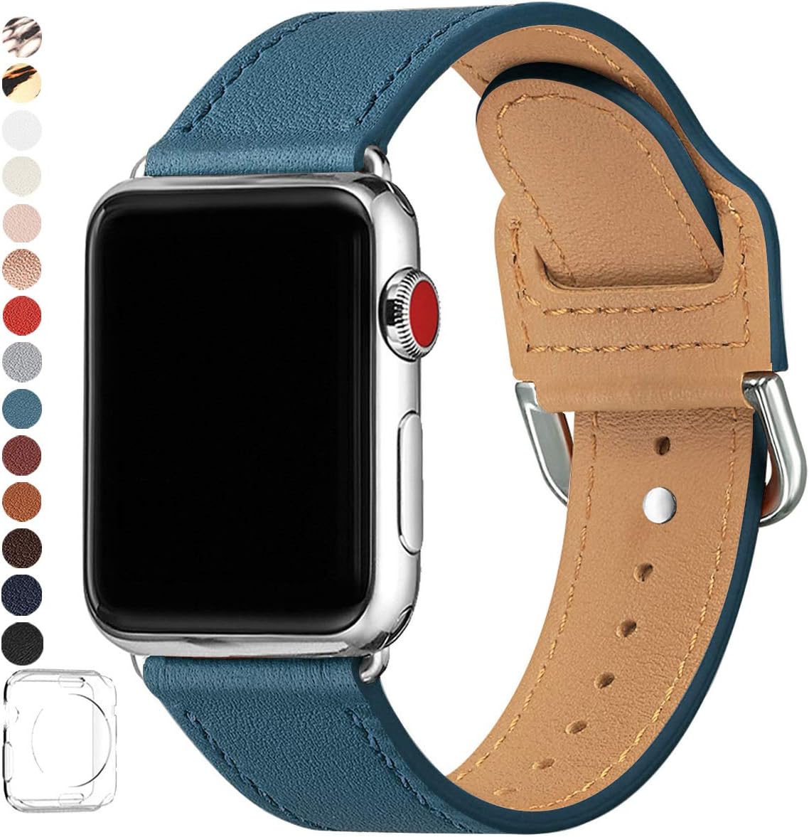 POWER PRIMACY Bands Compatible with Apple Watch Band 38mm 40mm 42mm 44mm, Top Grain Leather Smart Watch Strap Compatible for Men Women iWatch Series 5 4 3 2 1 (Beige Blue/Silver, 38mm/40mm)