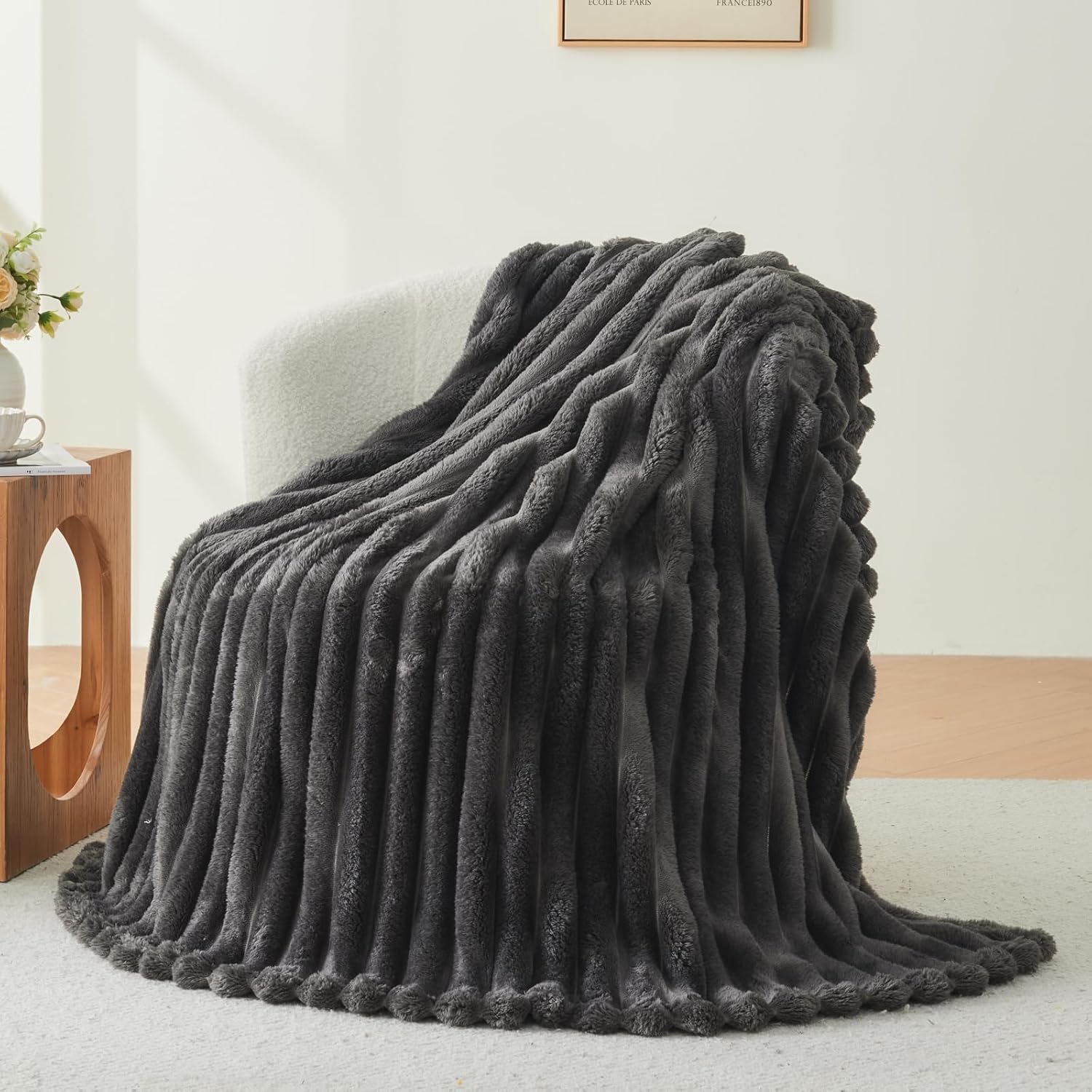 Wajade Fluffy Flannel Blanket Faux Fur Bed Throw Super Soft Warm Large Blanket for Bed Sofa Car, Dark Grey 127x153CM