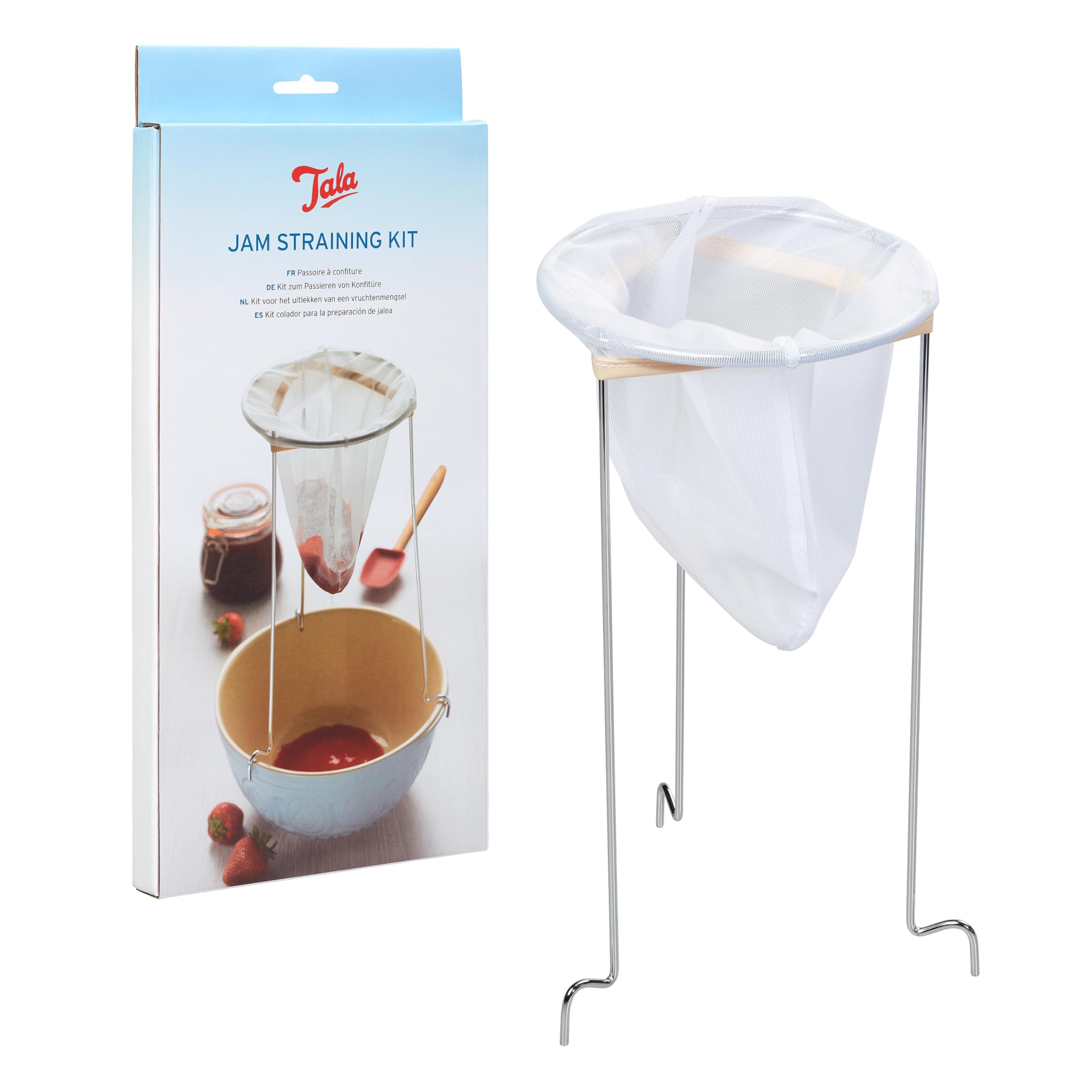 Tala Jam Straining Set Reusable Nylon Straining Bag with Sturdy Chrome Stand for Jam, Jelly & Preserves, Ideal for Removing Seeds, Pips & Pulp, Perfect for Homemade Seedless Jam Making