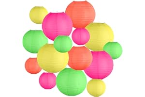 KAXIXI Glow in The Dark Party Supplies, Neon Party Decorations, Colorful Round Hanging Paper Lanterns Decorations for Neon Themed Birthday Wedding Baby Shower Home and Bar Decor, 15Pcs