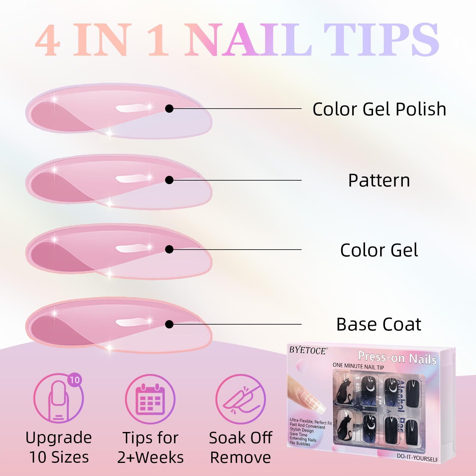 Halloween Press on Nails Square Fake Nails Acrylic Nails Kit with Black Cat Pattern Design Full Cover Artificial False Nails Medium Glue on Nails for Women Girls 24Pcs - Image 5