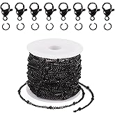 Pandahall 16.4 Feet Satellite Bead Chain for Jewelry Making - Black Stainless Steel Cable Link Roll Necklace Chain Bulk with Jump Rings Lobster Clasps