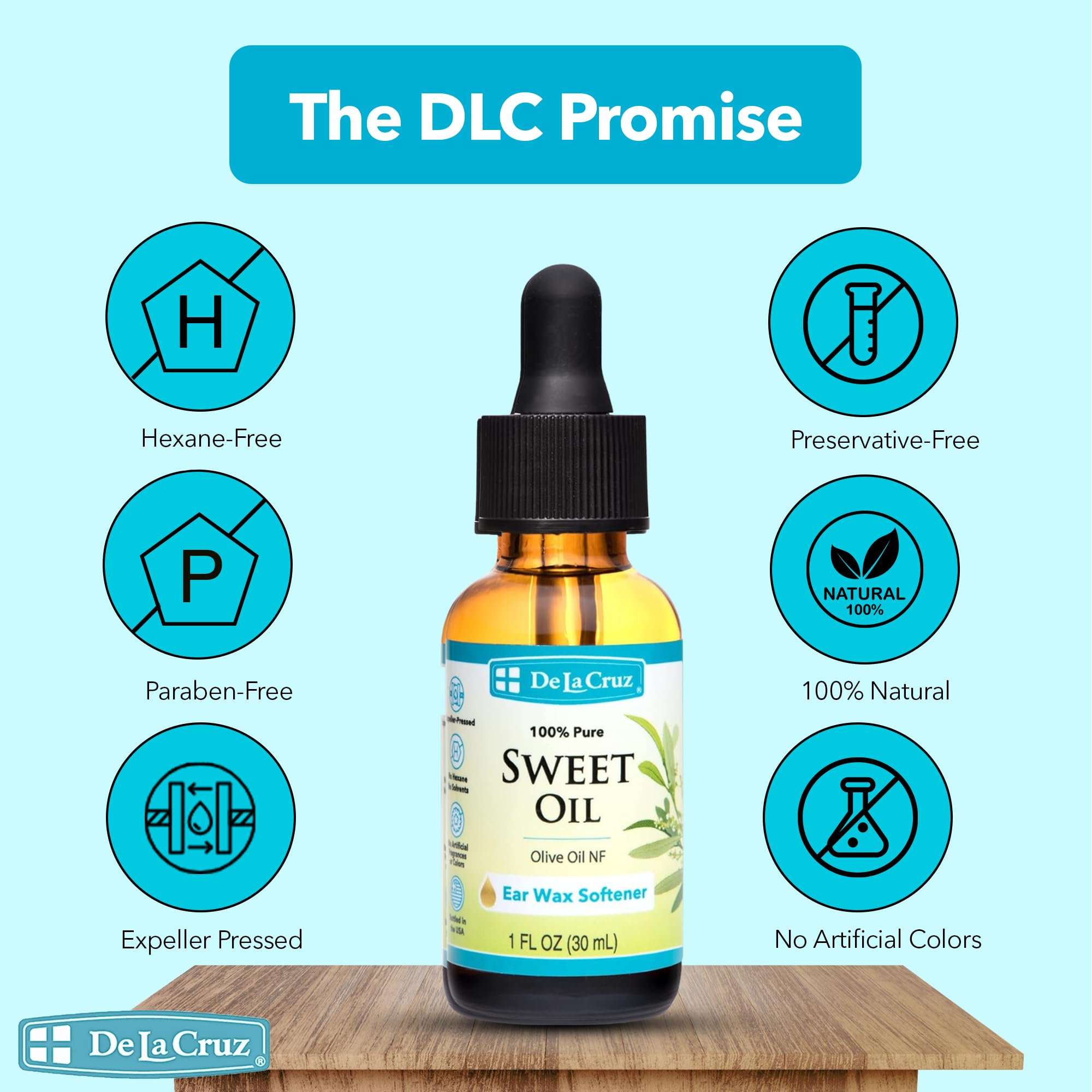 De La Cruz 100% Pure Sweet Oil for Ears with Glass Dropper - All Natural and Gentle Ear Wax Removal - 1 Fl OZ