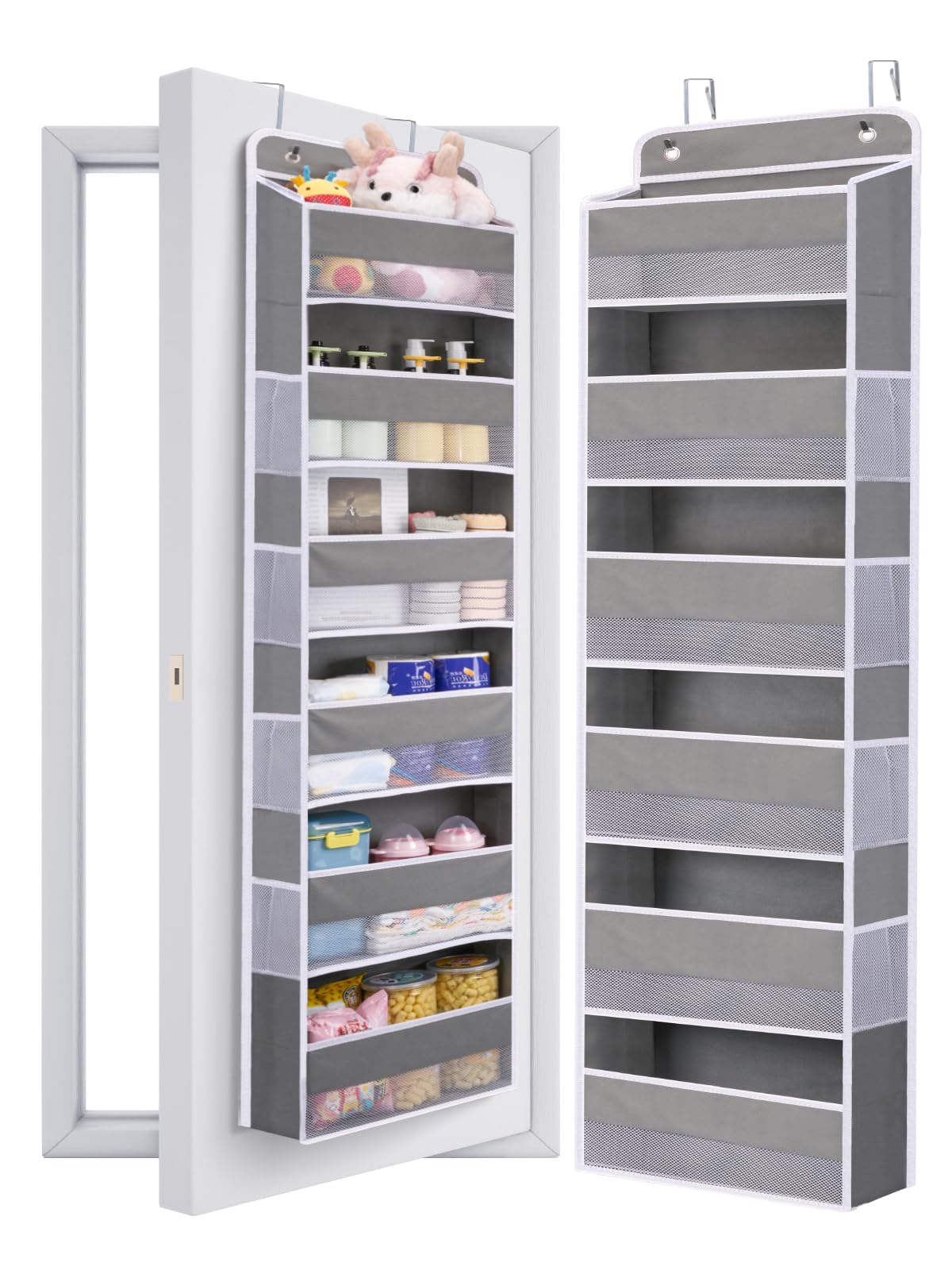 WishJazz Over the Door Storage Organiser, Anti Tilt 50lb Door Hanging Shelves With 6 Clear Window Pockets, Back of Door Hanging Storage Organiser for Pantry Nursery Bathroom Bedroom, toys