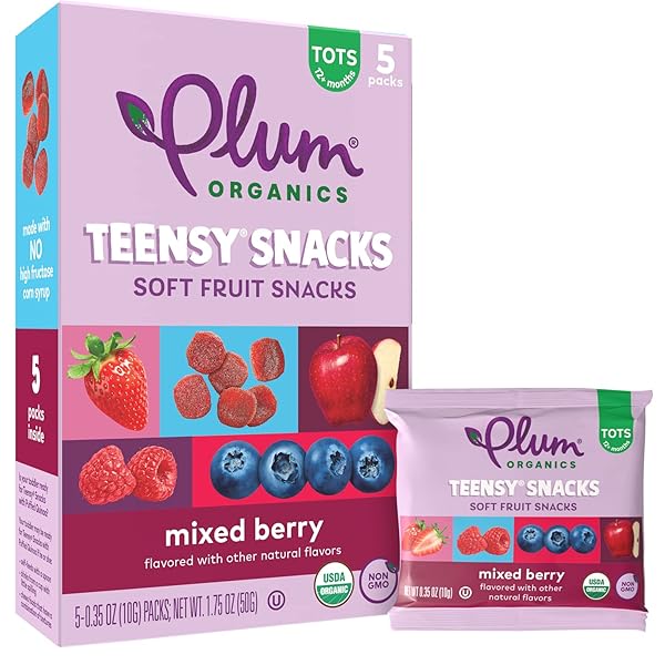 PLUM ORGANICS TEENSY SNACKS SOFT FRUIT SNACKS – MIXED BERRY – 0.35 OZ BAGS (PACK OF 5) – ORGANIC TODDLER FOOD FRUIT SNACKS