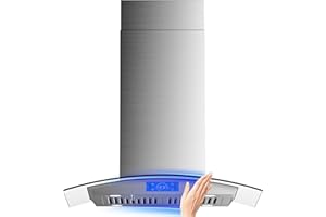 FIREGAS Island Range Hood 30 inch 700 CFM with Chimney, Ceiling Mount Kitchen Vent Hood with Tempered Glass, 4 LED Lights, Permanent Filters, Premium Touch Control Panel, Includes Charcoal Filter