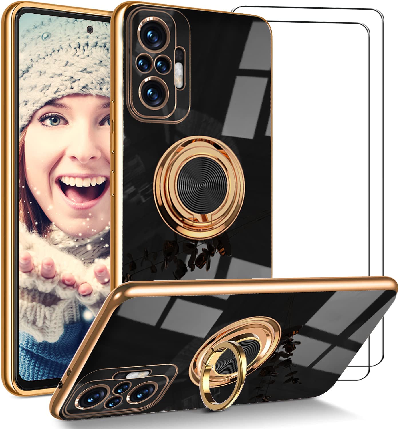 ATISIJIE Woman's Case for Xiaomi Redmi Note 10 Pro/Note 10 Pro Max with 2 Screen Protector, Ring Holder Plating Edge 360° Kickstand Cover Slim TPU Silicone Shockproof Protective Phone Case Black