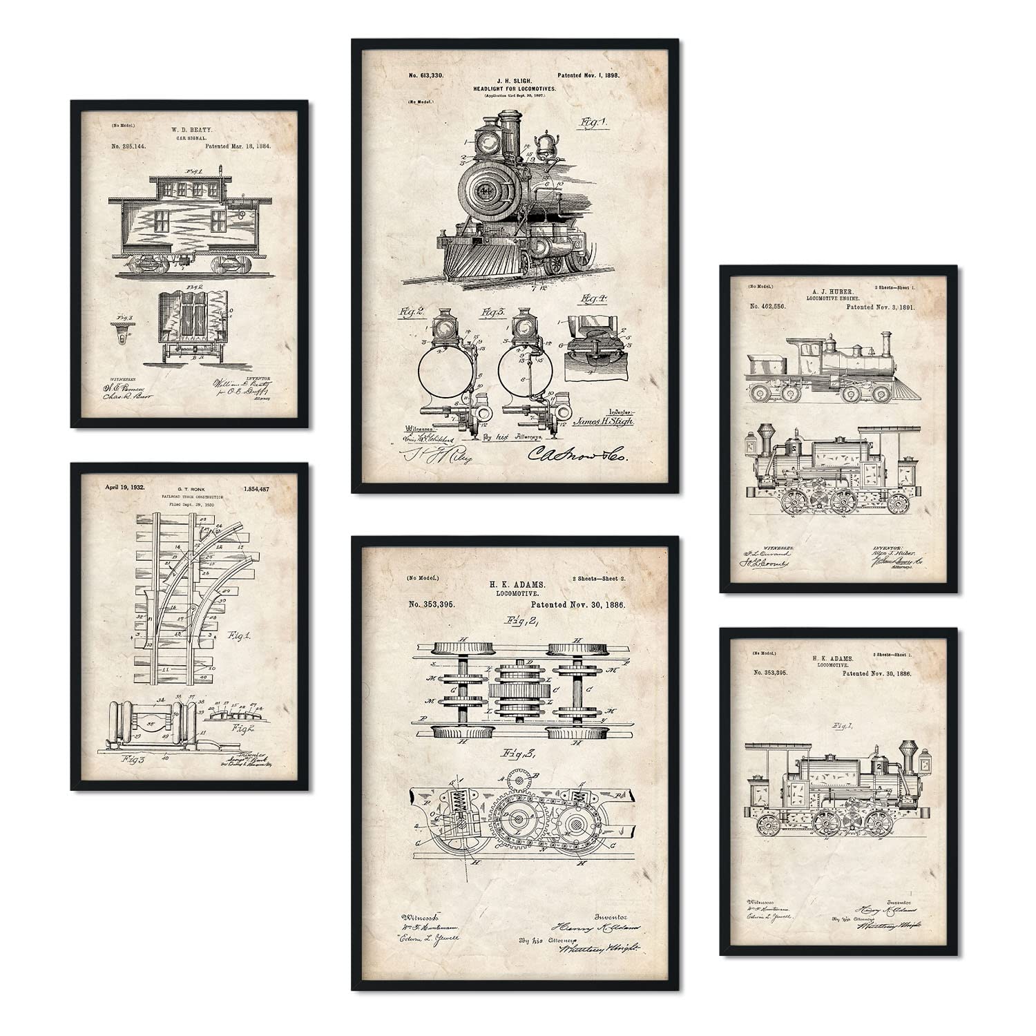 Nacnic Set of 6 Train patent prints. Posters with retro patent illustrations for your home, shop, office... Vintage style interior decoration. A4 and A3 sizes. No frame.