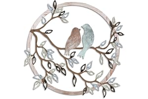 Simpkeely Metal Bird Wall Art, Birds on Tree Branch with Leaves Ornament Rustic Farmhouse Style Metal Sculpture Wall Hanging 