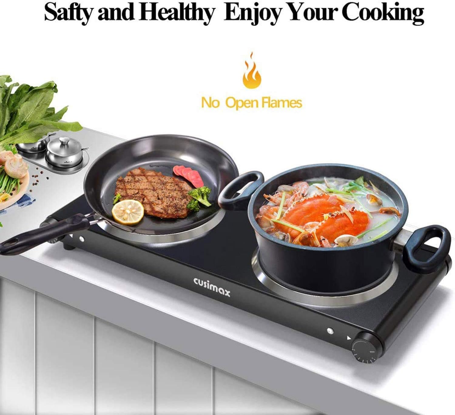 Cusimax Double Hot Plates, 1800W Double Burner, Portable Electric Hot Plate for Cooking, Countertop Cooktop, Cast Iron Stove, Heating Plate, Compatible with All Cookwares, Upgraded Version: Kitchen & Dining