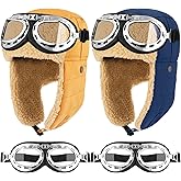 JaGely 4 Pcs Pilot Hat and Goggles Flight Costume Accessories Pilot Helmet Cap with Ear Flaps Hat Adults Winter (Classic,Blue and Wheat)