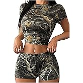 SweatyRocks Women's 2 Piece Outfits Camo Maple Leaf Print Camouflage Crop Top and Y2k Shorts Sets