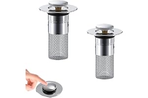 2Pcs Universal Bathroom Sink Stopper - Pop Up Drain Filter with Removable Stainless Steel Filter Basket Hair Catcher