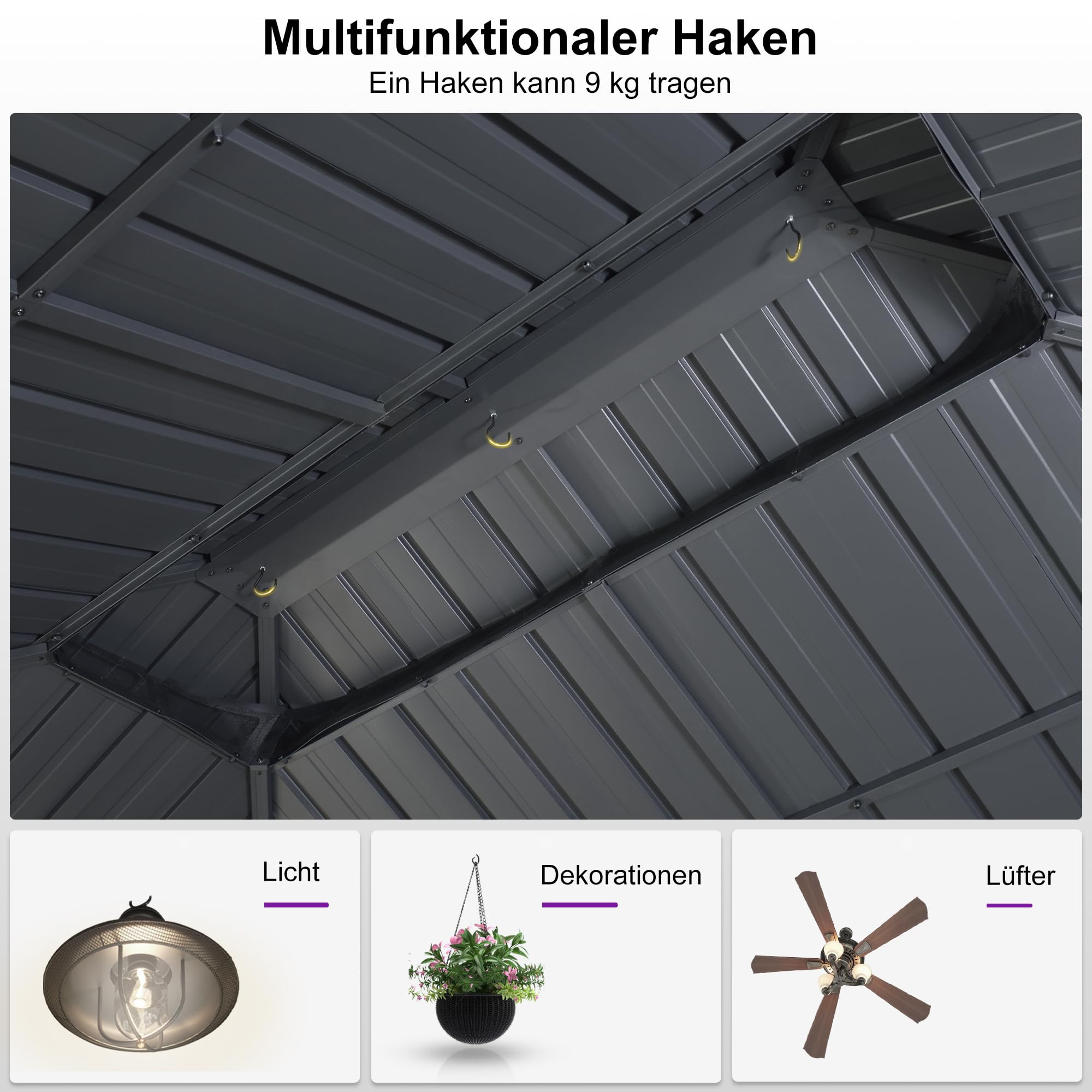 PURPLE LEAF Gartenpavillon 3.65 x 6 m Festem Dach, Basisch Pavillon Wasserdicht Stabil Winterfest Alu Pavillon mit Seitenwänden Hardtop Gartenpavillon mit Stahldach, Grau 6