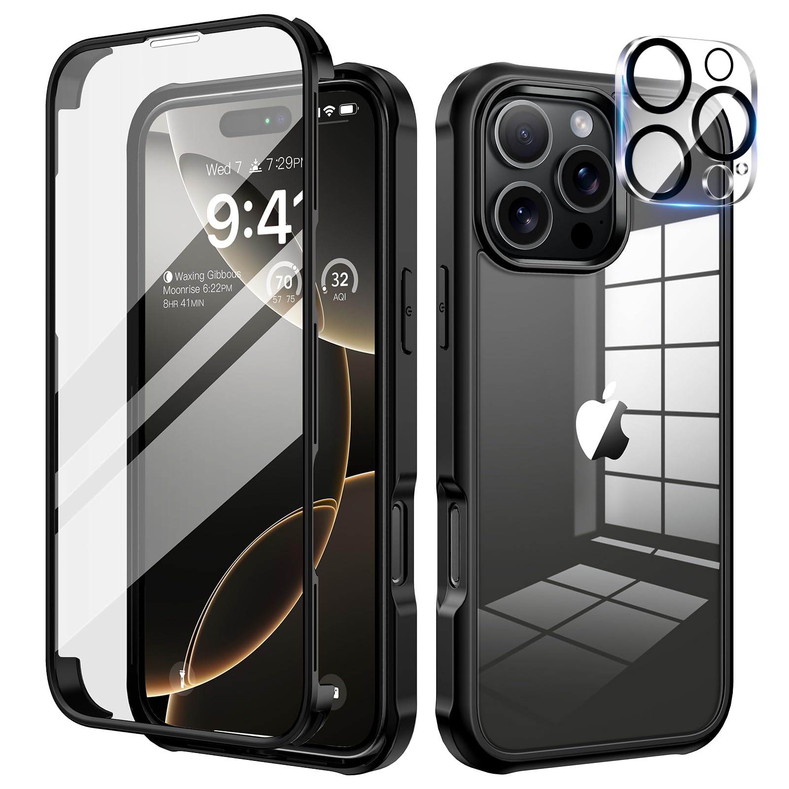 seacosmo for iPhone 16 Pro Max Case, Full-Body Shockproof Case [Built-in Glass Screen Protector] [Camera Lens Protector] 360° Front and Back Cover for iPhone 16 Pro Max 6.9 Inch - Black/Clear