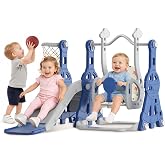 BIERUM 4-in-1 Toddler Slide Swing Set for Kids 1-2, Indoor/Outdoor | Kids Climber Playset with Swing for 1-2, HDPE Material, ASTM Certified Playground Supports 120 lbs, Basketball Hoop, Blue